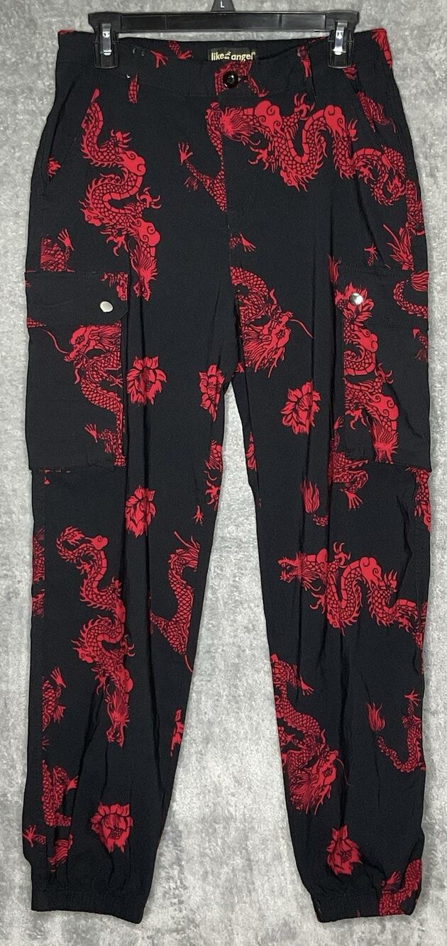 Like An Angel Cargo Pants Womens Medium Black Red Dragon Print Y2K Goth Rave